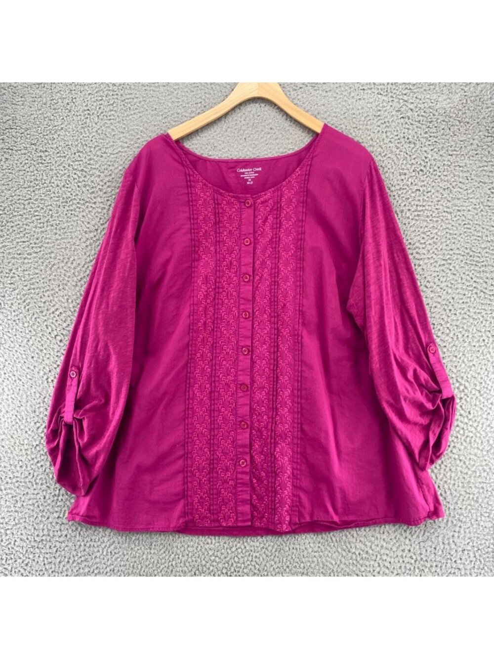 Coldwater Creek Top Womens 2X Pink Embroidery Cotton Tunic 3/4 Roll Tab Sleeves